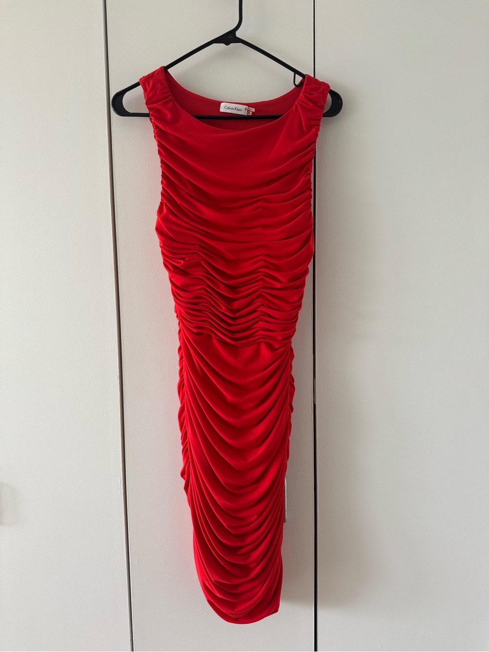 Calvin Klein Red Sleeveless Ruched Midi Dress